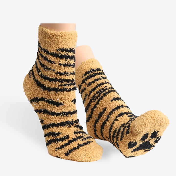 JCS106 - TIGER PRINT LUXURY SOFT MINI-CREW SOCKS W/ PAW PRINT - 6PC SET
