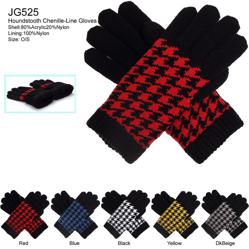 JG525 - One Dozen Ladies Houndstooth Pattern knside Fur Lining Gloves
