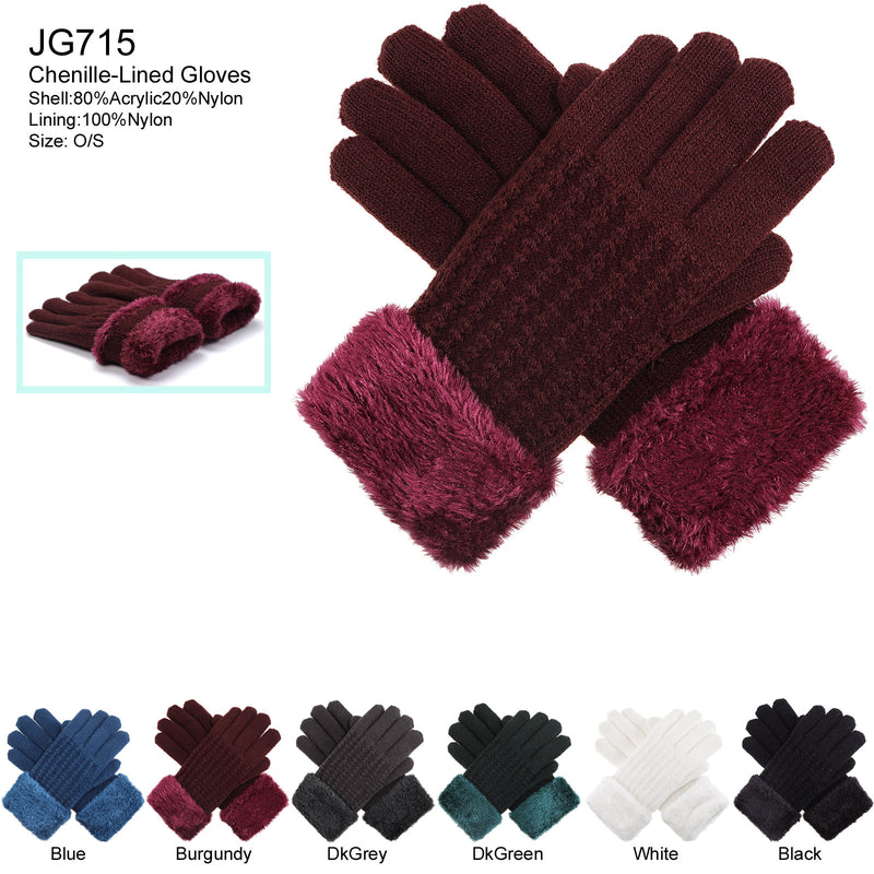 JG715 - One Dozen Ladies Warm Plush fleece Lined Knit Glove with Fur cuff