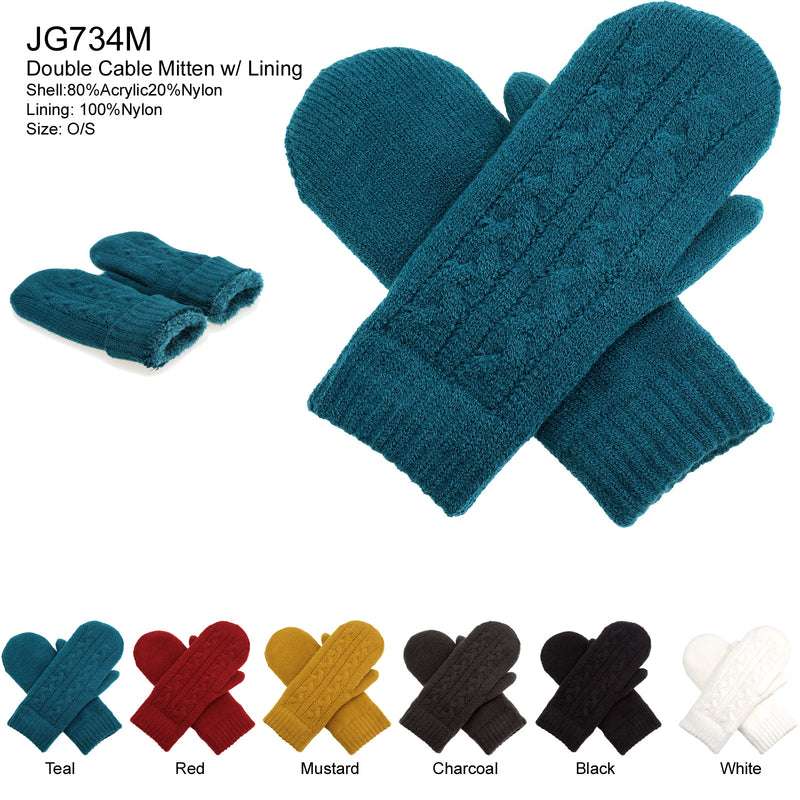 JG734M - One Dozen Toasty Warm Solid Cable Fleece Lined Knit Mittens Gloves