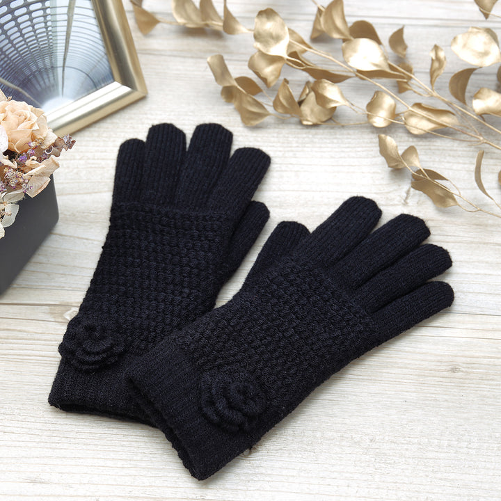 JG736 - One Dozen Ladies Warm Plush fleece Lined Knit Glove with Flower