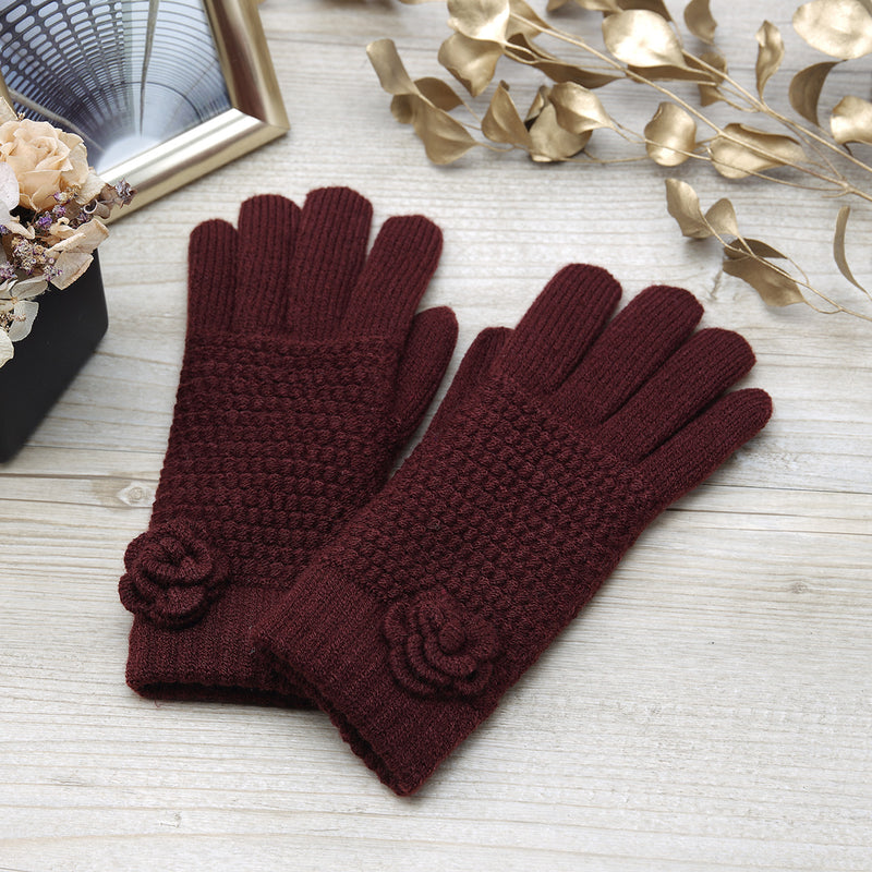 JG736 - One Dozen Ladies Warm Plush fleece Lined Knit Glove with Flower