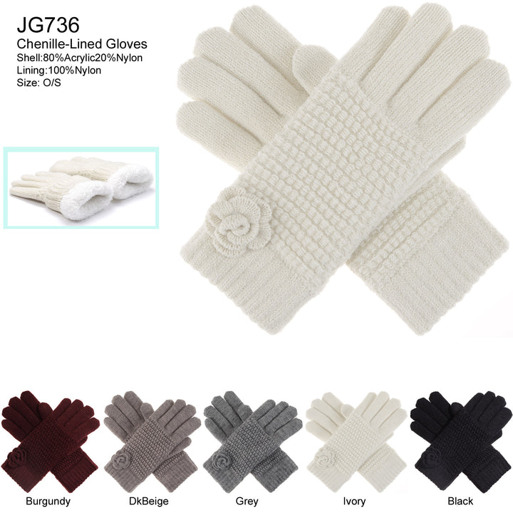 JG736 - One Dozen Ladies Warm Plush fleece Lined Knit Glove with Flower