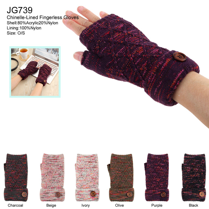 JG739 - One Dozen Ladies Fingerless Double Layer Fur Lining Knit Gloves