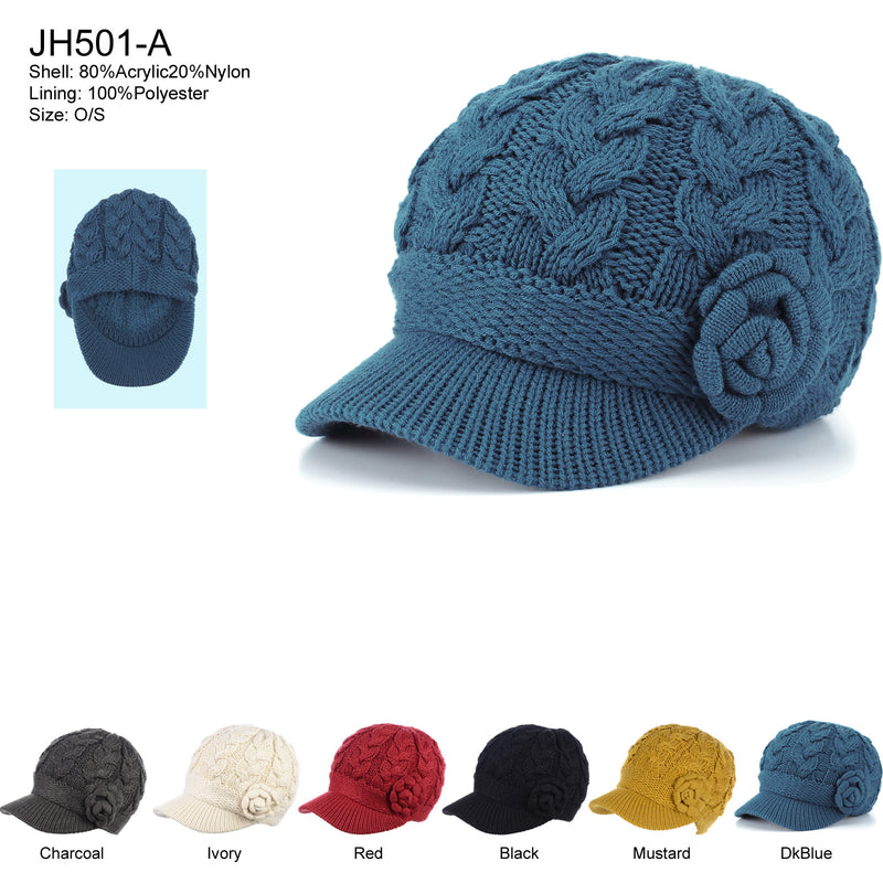 JH501A - One Dozen Winter Chic Cable Warm Fleece Lined Crochet Knit Hat W/Visor Newsboy Cabbie Cap