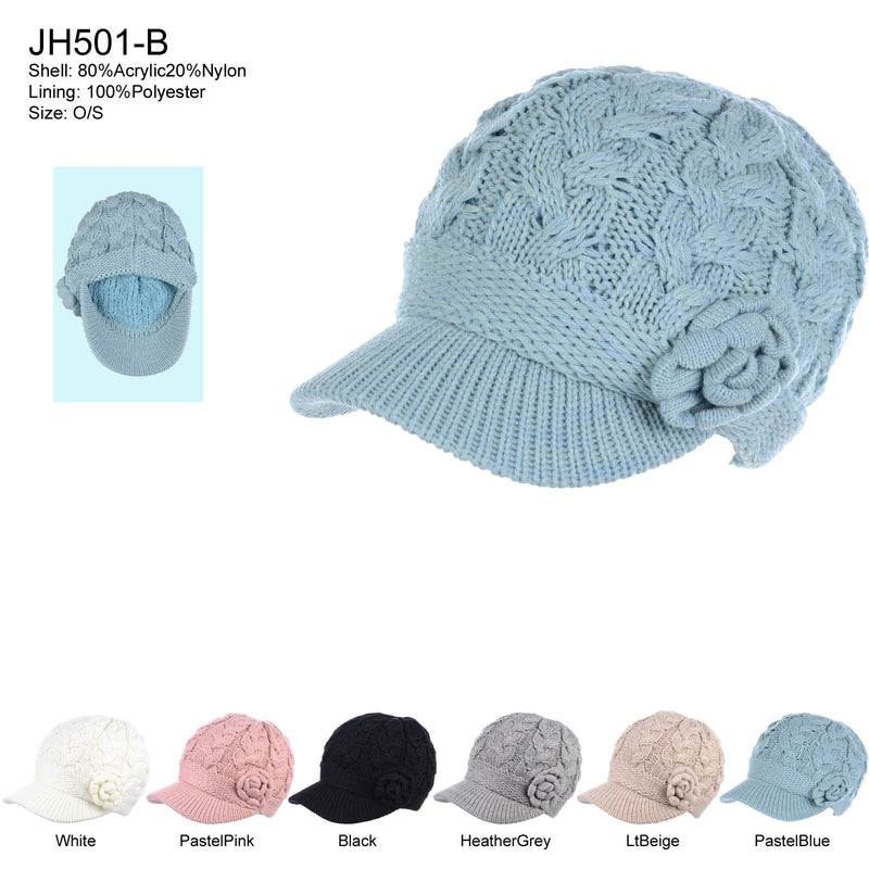JH501B - One Dozen Winter Chic Cable Warm Fleece Lined Crochet Knit Hat W/Visor Newsboy Cabbie Cap
