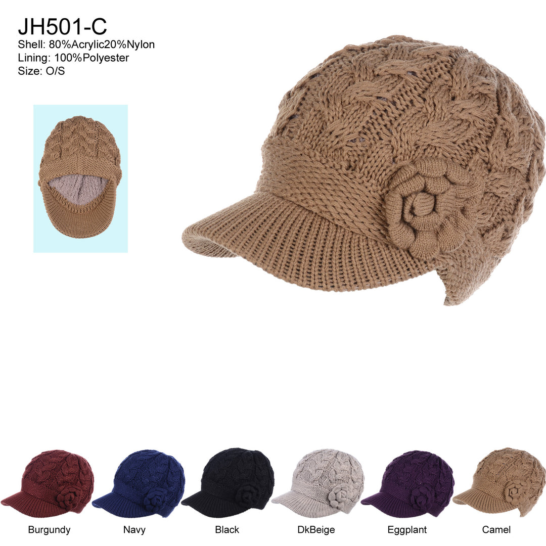 JH501C - One Dozen Winter Chic Cable Warm Fleece Lined Crochet Knit Hat W/Visor Newsboy Cabbie Cap
