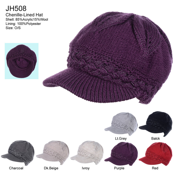 JH508 - One Dozen Winter Chic Cable Warm Fleece Lined Crochet Knit Hat W/Visor Newsboy Cabbie Cap