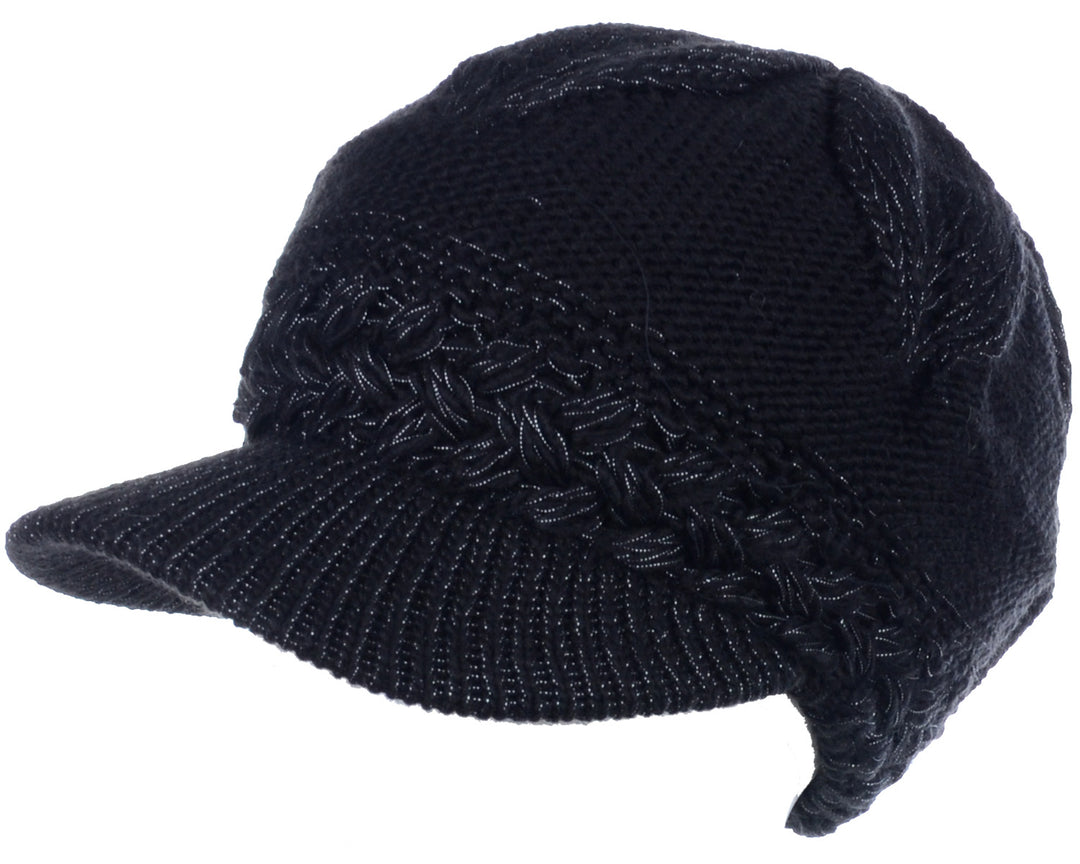 JH508 - One Dozen Winter Chic Cable Warm Fleece Lined Crochet Knit Hat W/Visor Newsboy Cabbie Cap