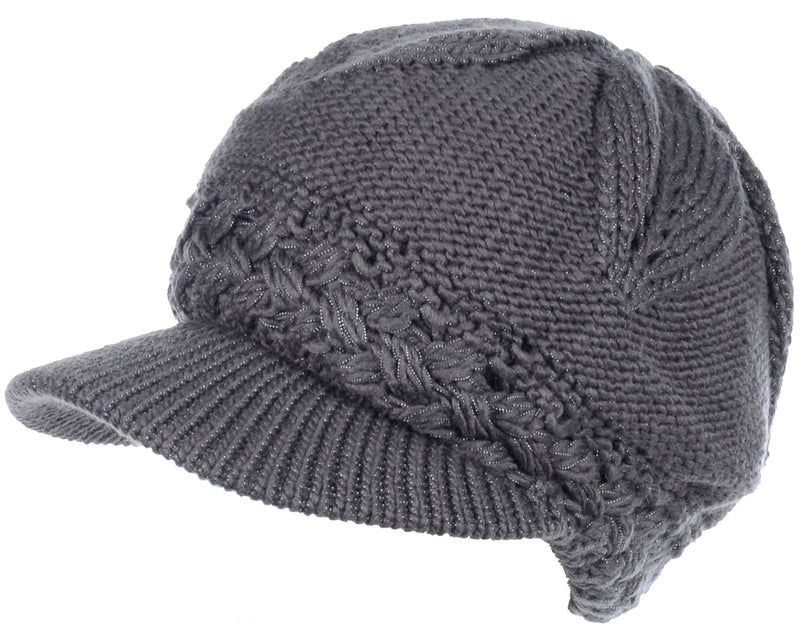 JH508 - One Dozen Winter Chic Cable Warm Fleece Lined Crochet Knit Hat W/Visor Newsboy Cabbie Cap