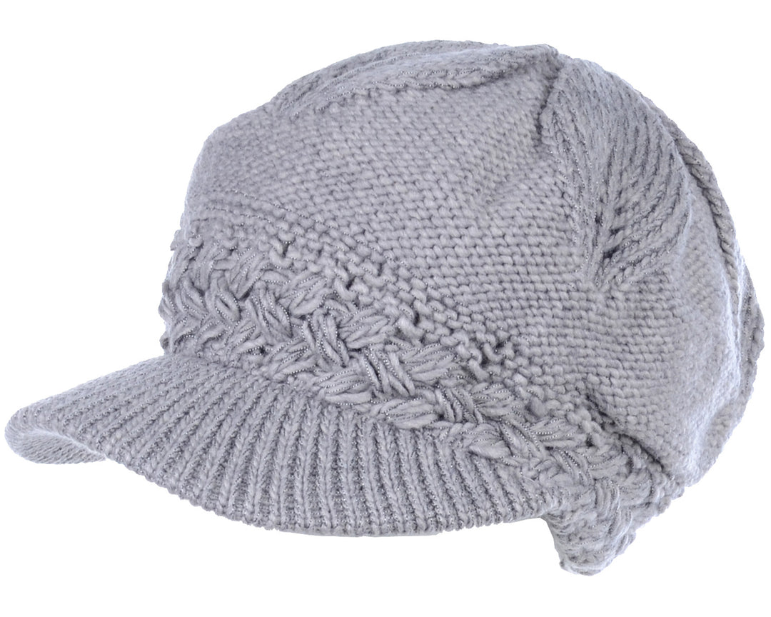 JH508 - One Dozen Winter Chic Cable Warm Fleece Lined Crochet Knit Hat W/Visor Newsboy Cabbie Cap