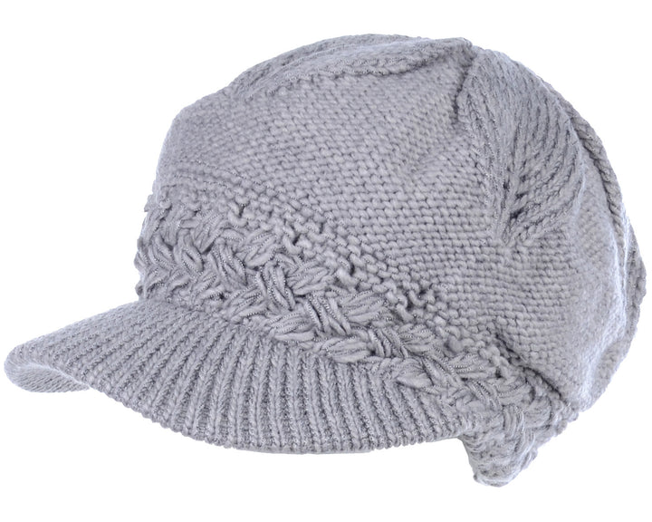 JH508 - One Dozen Winter Chic Cable Warm Fleece Lined Crochet Knit Hat W/Visor Newsboy Cabbie Cap