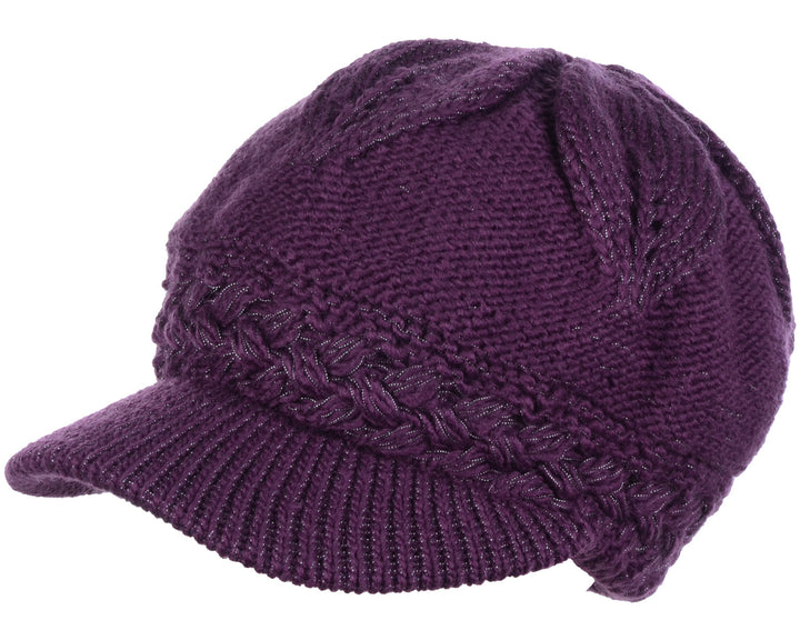 JH508 - One Dozen Winter Chic Cable Warm Fleece Lined Crochet Knit Hat W/Visor Newsboy Cabbie Cap