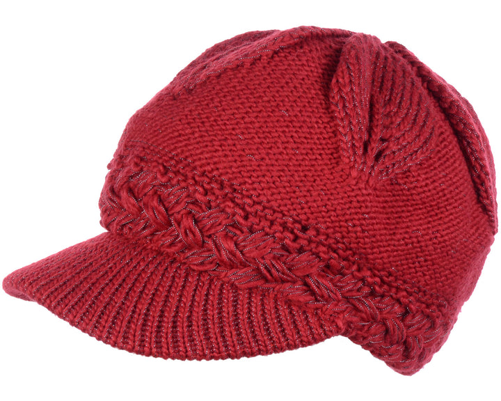 JH508 - One Dozen Winter Chic Cable Warm Fleece Lined Crochet Knit Hat W/Visor Newsboy Cabbie Cap