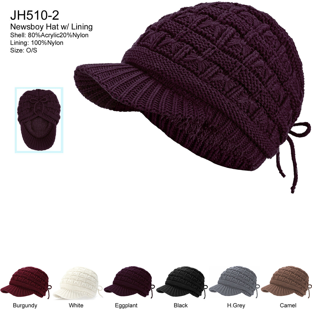 JH510-2 - One Dozen Winter Chic Cable Warm Fleece Lined Crochet Knit Hat W/Visor Newsboy Cabbie Cap