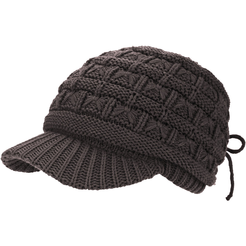 JH510 - One Dozen Winter Chic Cable Warm Fleece Lined Crochet Knit Hat W/Visor Newsboy Cabbie Cap