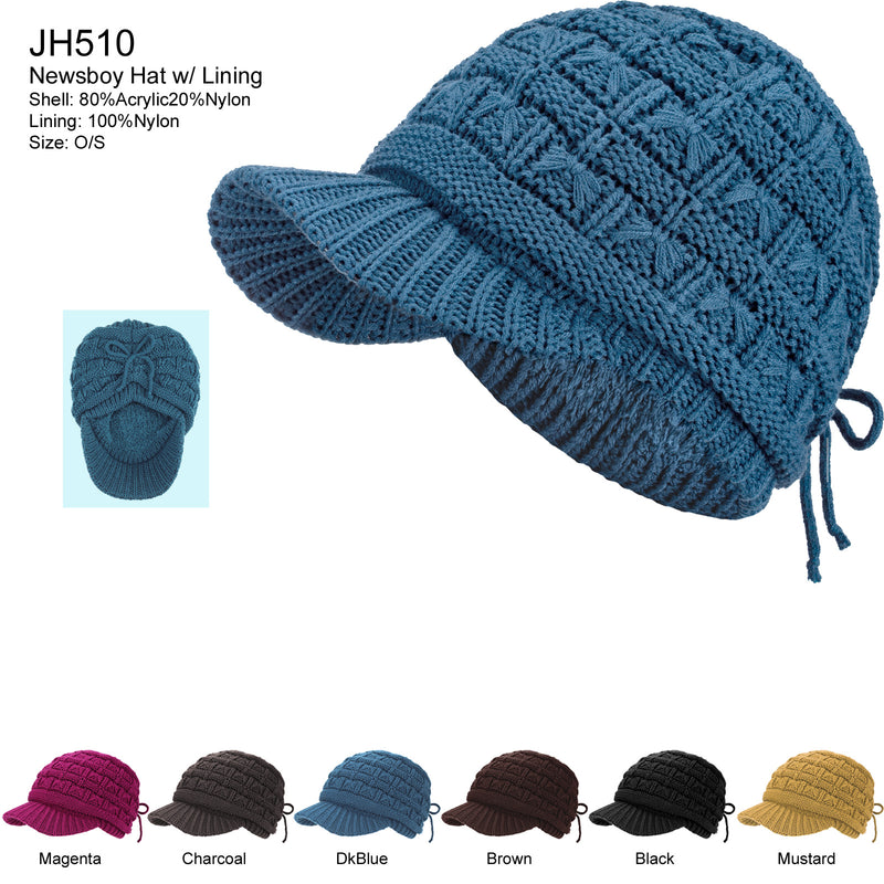 JH510 - One Dozen Winter Chic Cable Warm Fleece Lined Crochet Knit Hat W/Visor Newsboy Cabbie Cap