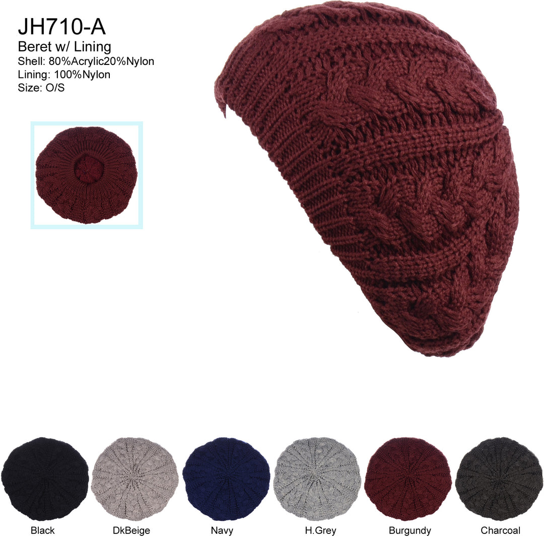 JH710A - One Dozen Winter Fleece Lined Urban Boho Slouch Cable Knit Beret Beanie Hat