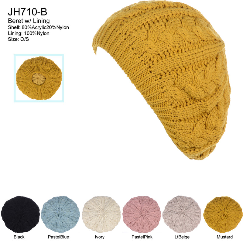 JH710B - One Dozen Winter Fleece Lined Urban Boho Slouch Cable Knit Beret Beanie Hat