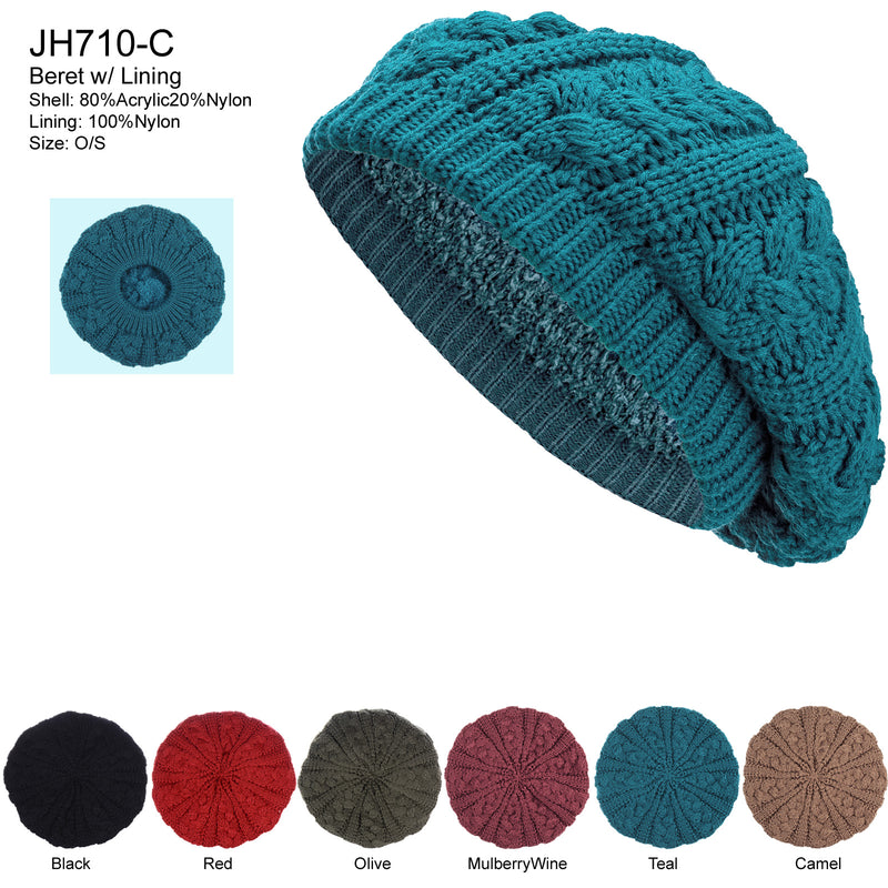 JH710C - One Dozen Winter Fleece Lined Urban Boho Slouch Cable Knit Beret Beanie Hat