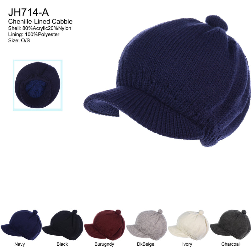 JH714A - One Dozen Solid color Cable Knitted Beret Visor Beanie Hat with Scrunchy