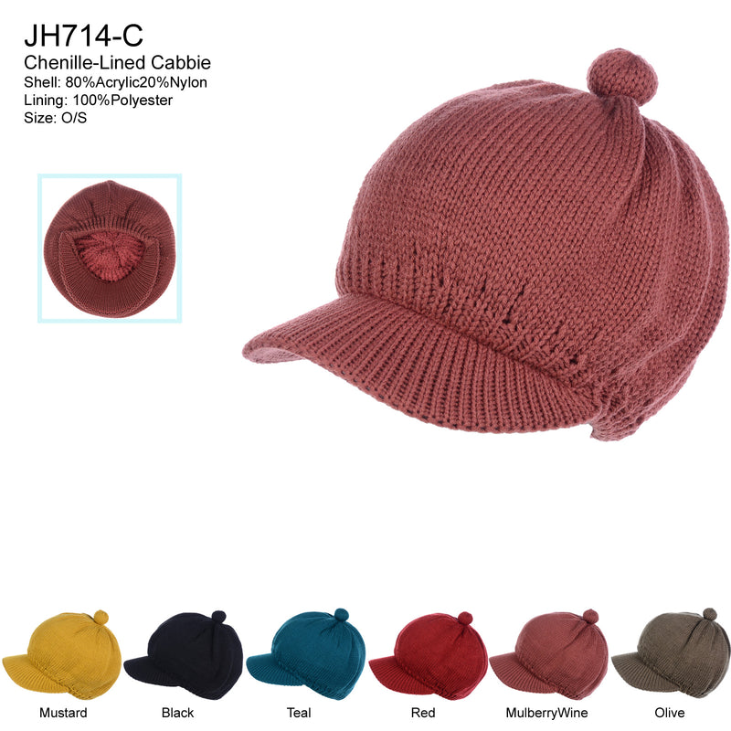 JH714C - One Dozen Solid color Cable Knitted Beret Visor Beanie Hat with Scrunchy