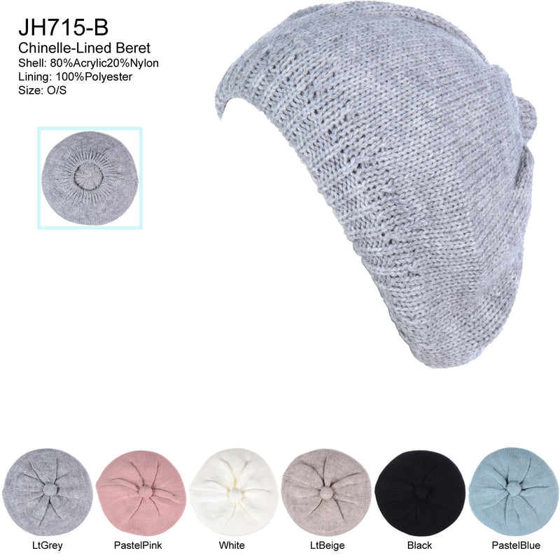 JH715B - One Dozen Winter Cozy Cable Fleece Lined Knit Beret Beanie Hat