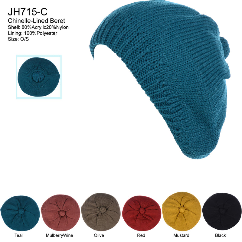 JH715C - One Dozen Winter Cozy Cable Fleece Lined Knit Beret Beanie Hat