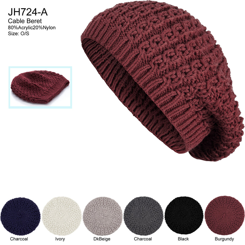 JH724A - One Dozen Winter Cozy Cable Knit Beret Beanie Hat