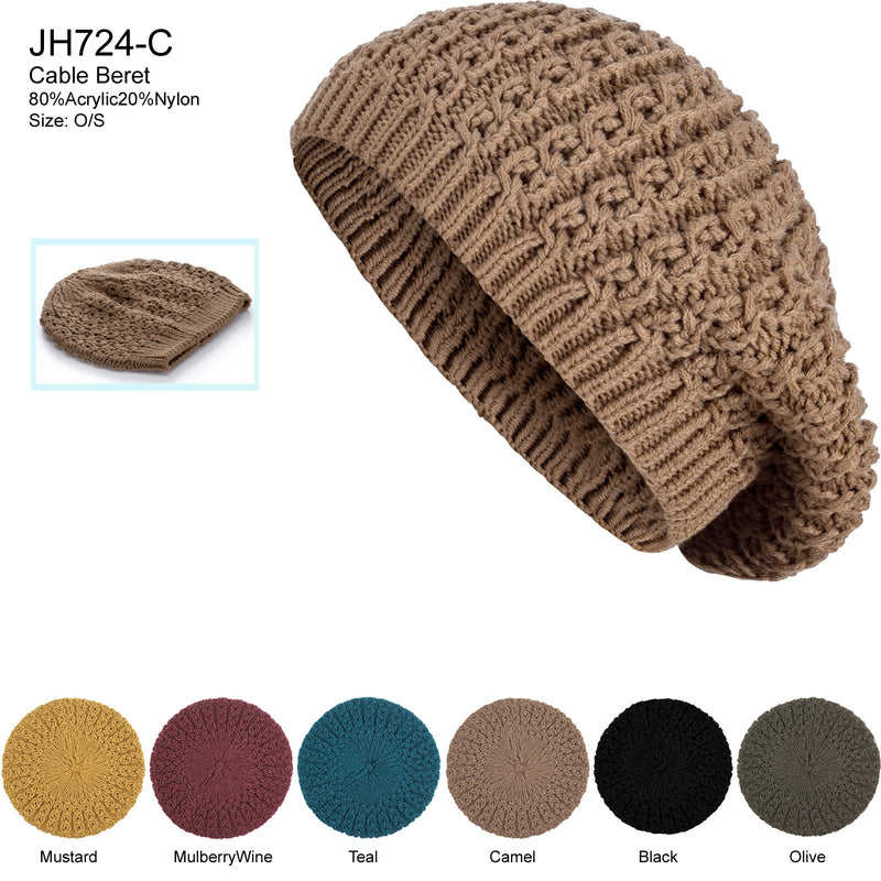 JH724C - One Dozen Winter Cozy Cable Knit Beret Beanie Hat