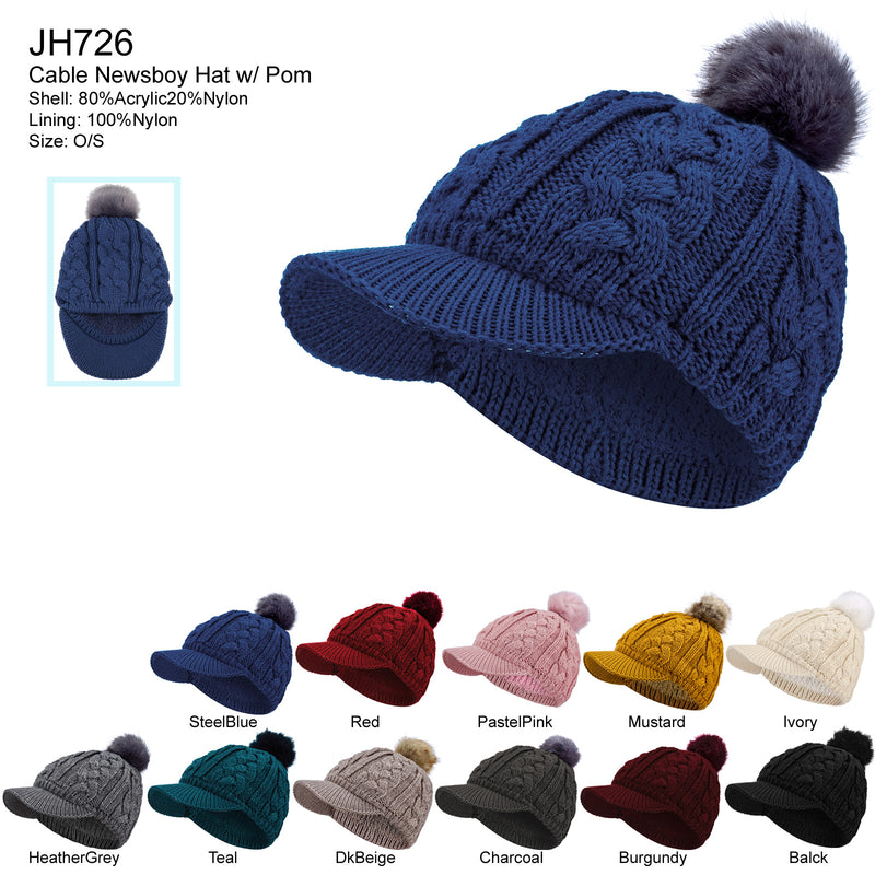 JH726 - One Dozen Winter Chic Cable Warm Fleece Lined Crochet Knit Hat W/ Pom