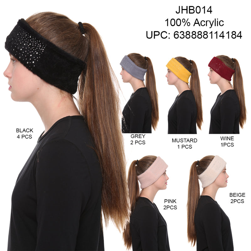 JHB014- One Dozen Rhinestone Studded Knitted Fuzzy Lined Ear Warmer Headband