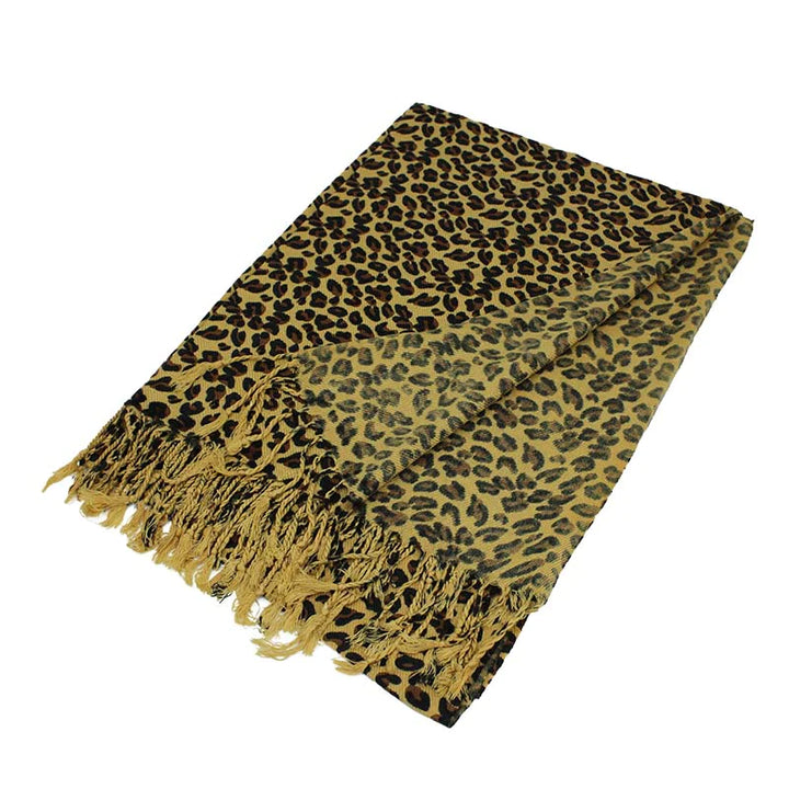 LP01_TAN - Tan Leopard Print Pashmina with Fringe