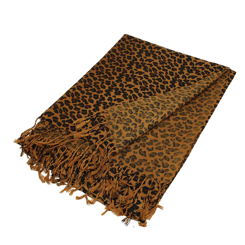 LP02_BROWN - Brown Leopard Print Pashmina with Fringe