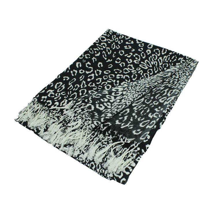 LP05_BLACK - Black Leopard Print Pashmina with Fringe