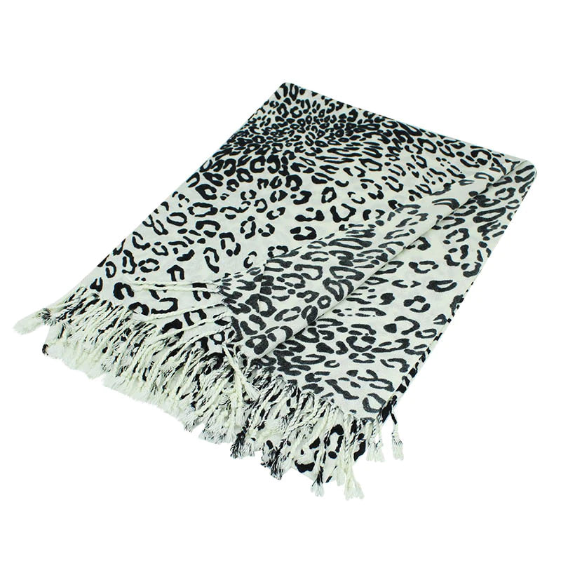 LP06_WHITE - White Leopard Print Pashmina with Fringe