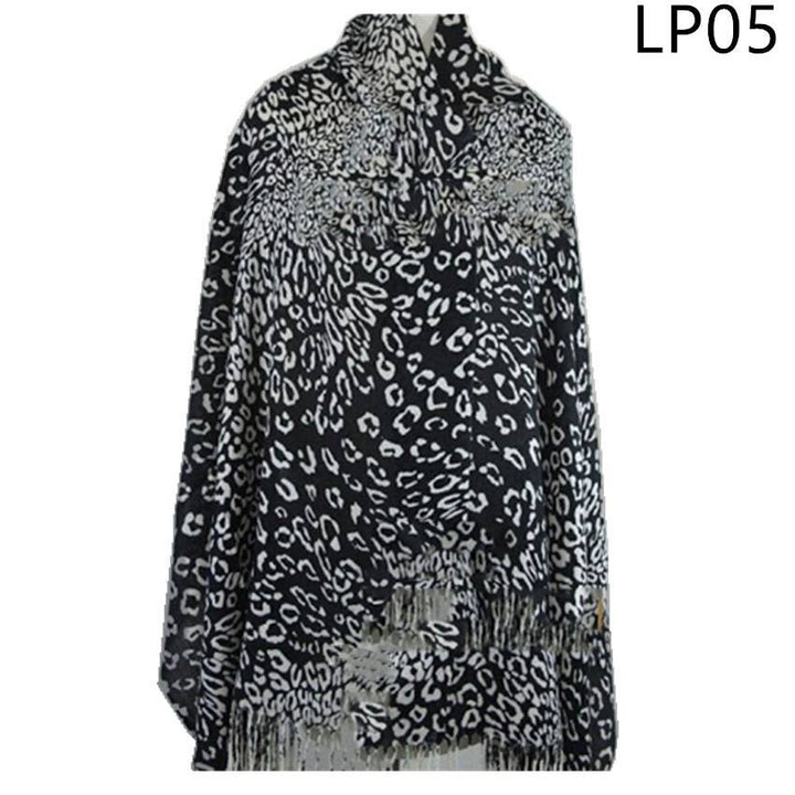 LP05_BLACK - Black Leopard Print Pashmina with Fringe