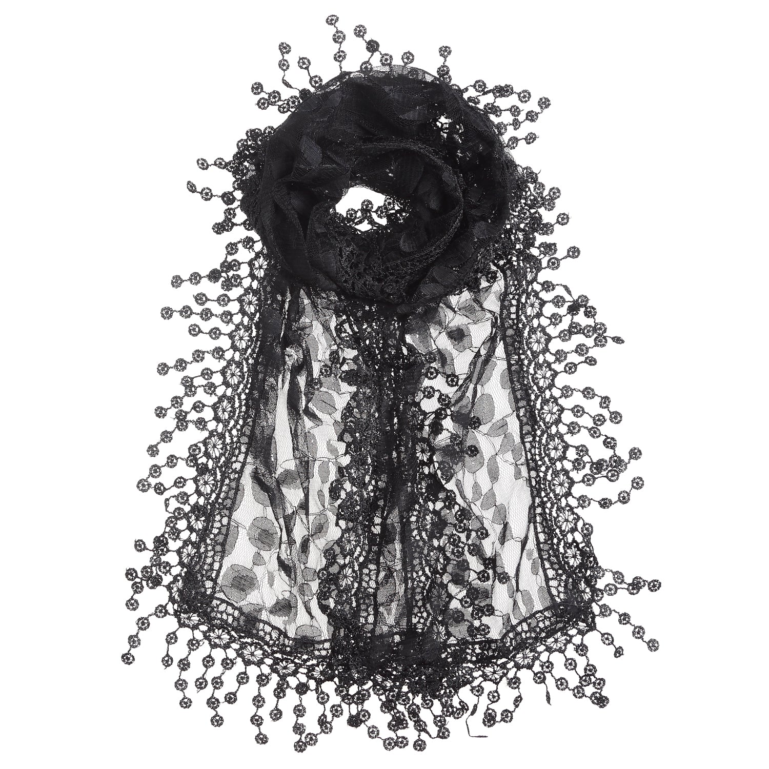 S2149_BLACK - One Piece Leaf Pattern Lace Scarf with Tassels