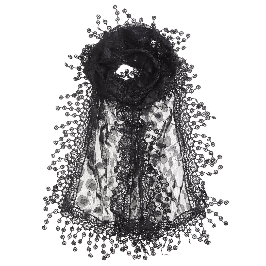 S2149_BLACK - One Piece Leaf Pattern Lace Scarf with Tassels