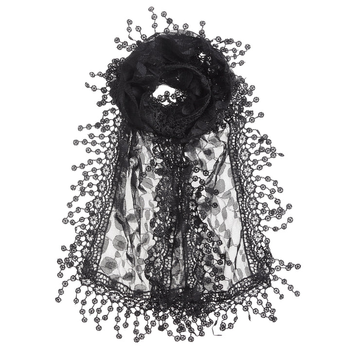 S2149_BLACK - One Piece Leaf Pattern Lace Scarf with Tassels