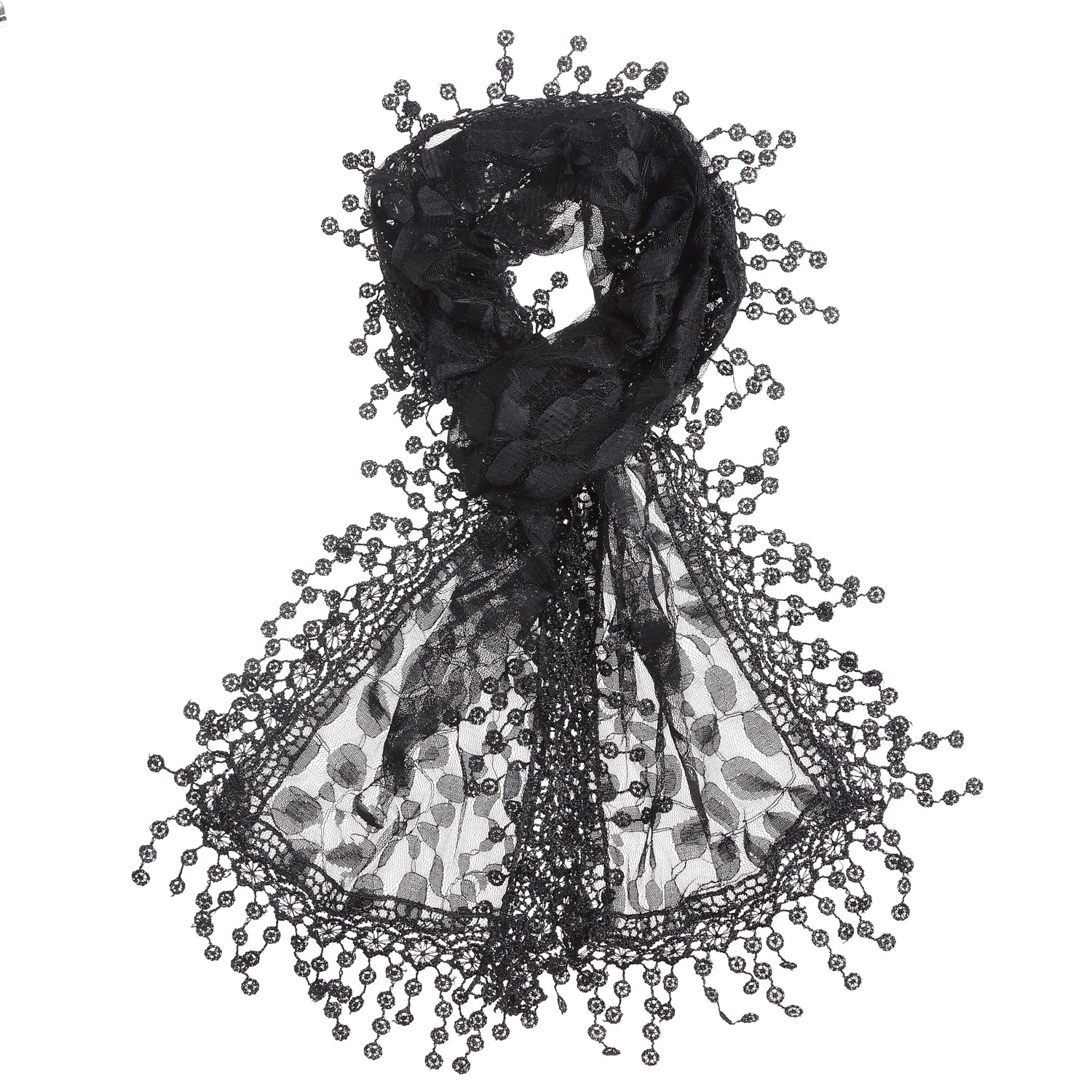 S2149_BLACK - One Piece Leaf Pattern Lace Scarf with Tassels