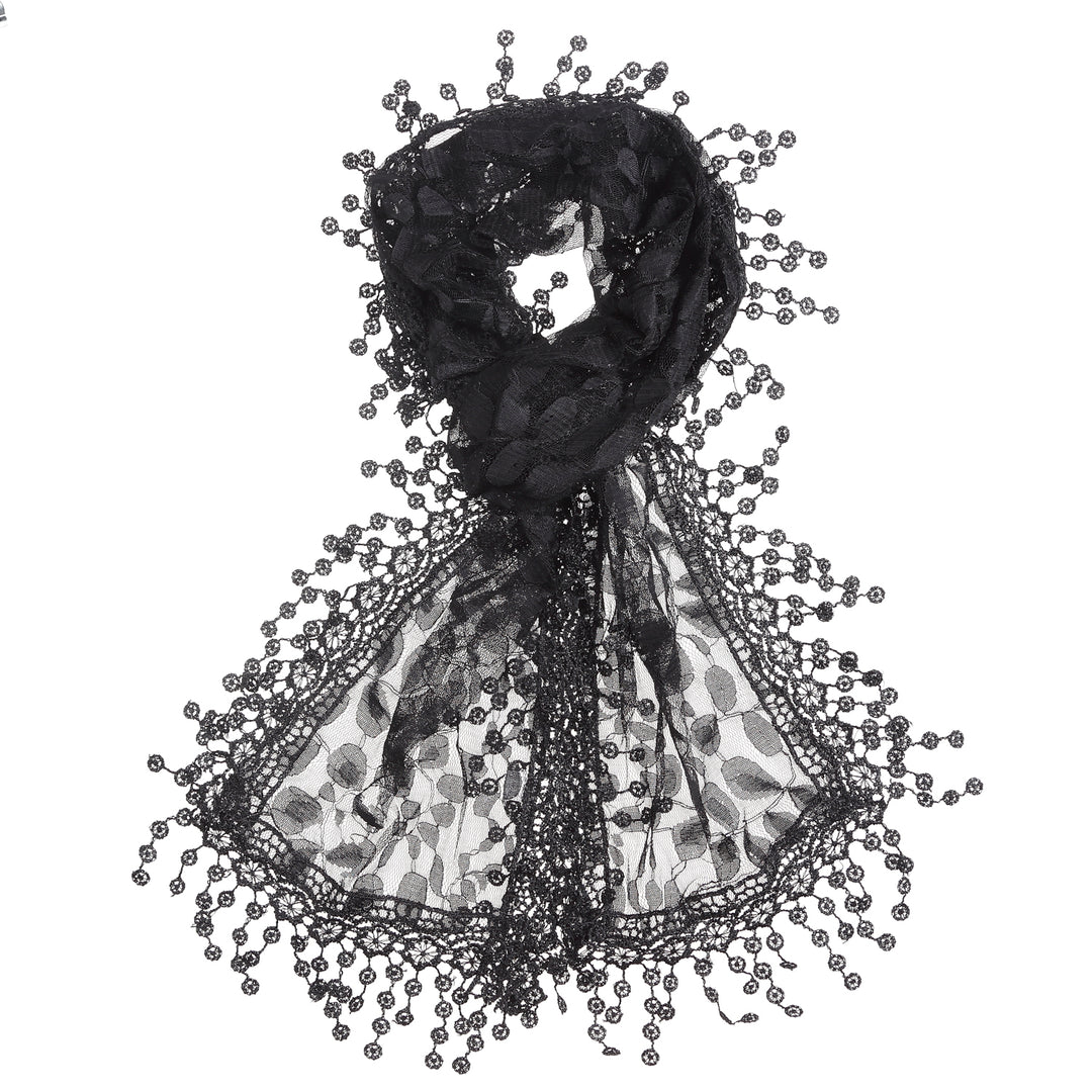 S2149_BLACK - One Piece Leaf Pattern Lace Scarf with Tassels