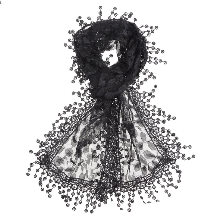 S2149_BLACK - One Piece Leaf Pattern Lace Scarf with Tassels