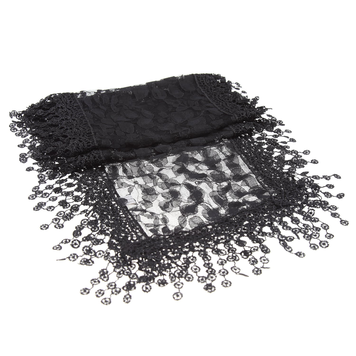 S2149_BLACK - One Piece Leaf Pattern Lace Scarf with Tassels