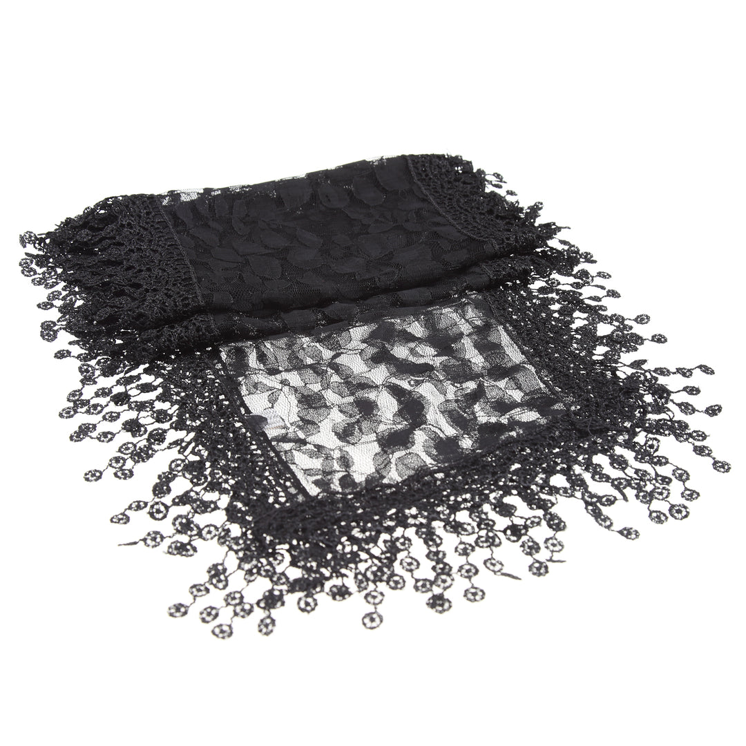 S2149_BLACK - One Piece Leaf Pattern Lace Scarf with Tassels