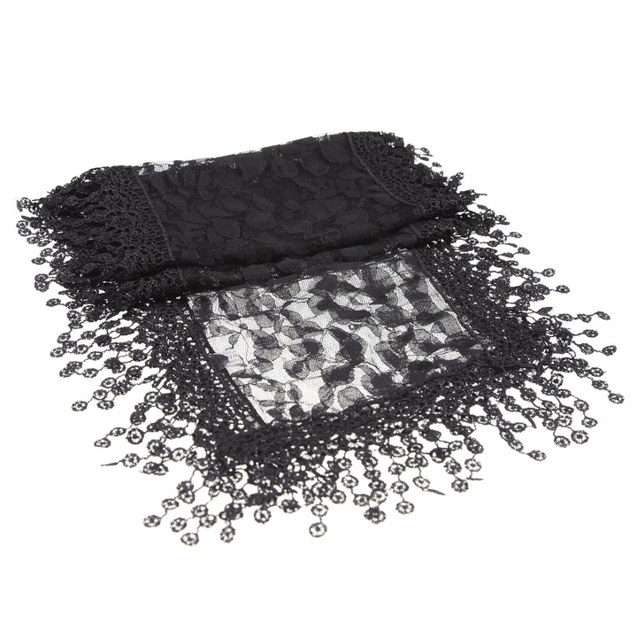 S2149_BLACK - One Piece Leaf Pattern Lace Scarf with Tassels