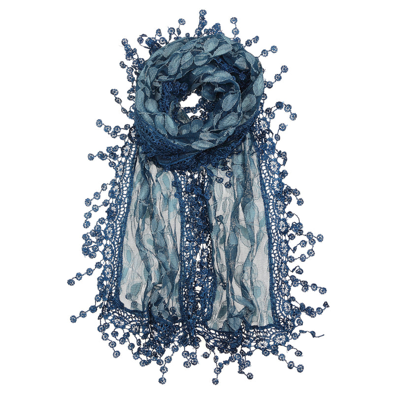 S2149_TEAL - One Piece Leaf Pattern Lace Scarf with Tassels