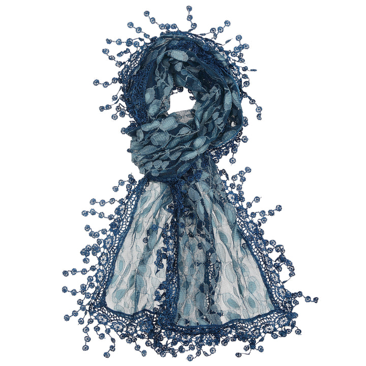 S2149_TEAL - One Piece Leaf Pattern Lace Scarf with Tassels
