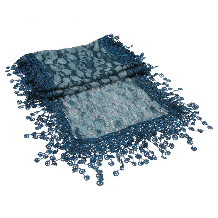 S2149_TEAL - One Piece Leaf Pattern Lace Scarf with Tassels