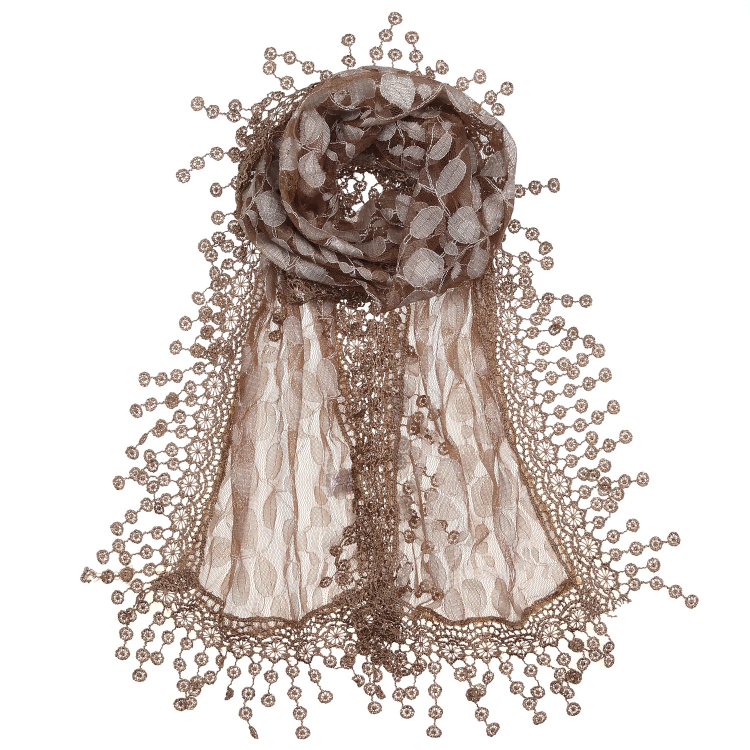 S2149_BROWN - One Piece Leaf Pattern Lace Scarf with Tassels